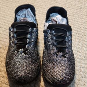 bernie mev. Black and Silver Woven Sneakers
